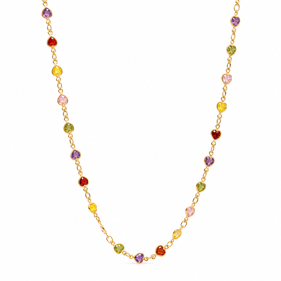 Colar com cristais corações coloridos banhado a ouro 18k