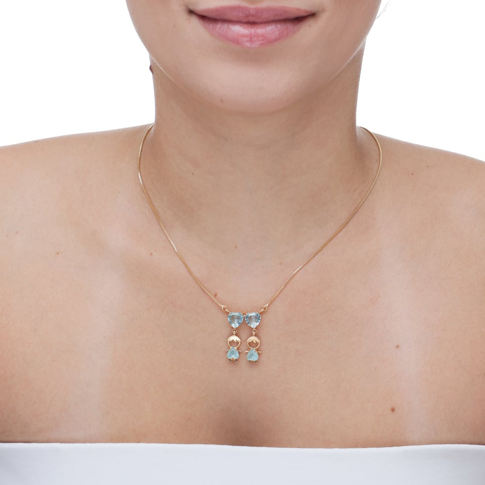 Colar 2 Meninos(as) com Corações Cristal Banhado a Ouro 18k