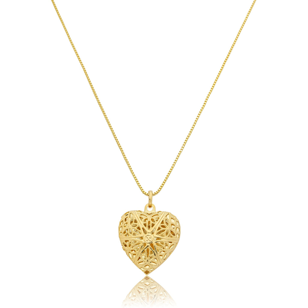 Colar veneziana com relicário coração trabalhado banhado a ouro 18k