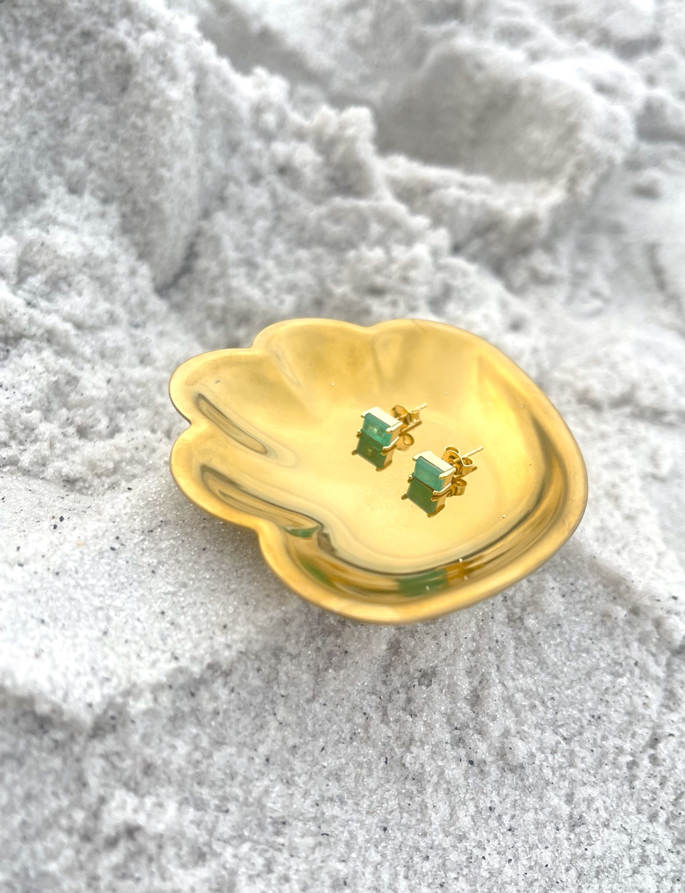Brinco Mini Retângulo Pedra Fusion Verde Banhado a Ouro 18k