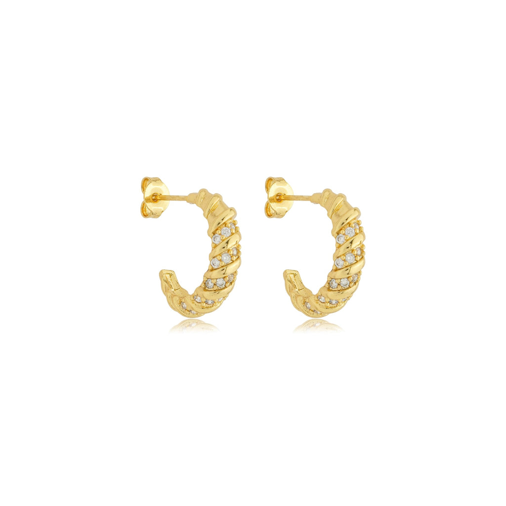 Brinco argola croissant cravejada m banhado a ouro 18k
