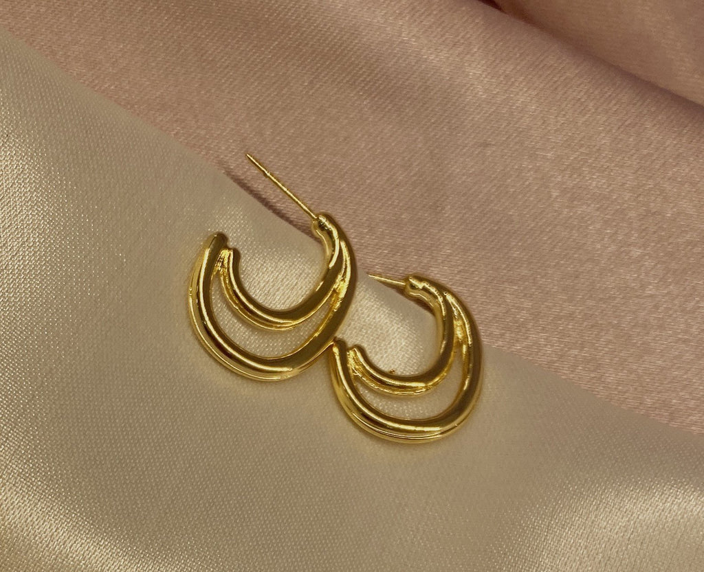 Brinco argola dupla meia lua lisa banhado a ouro 18k