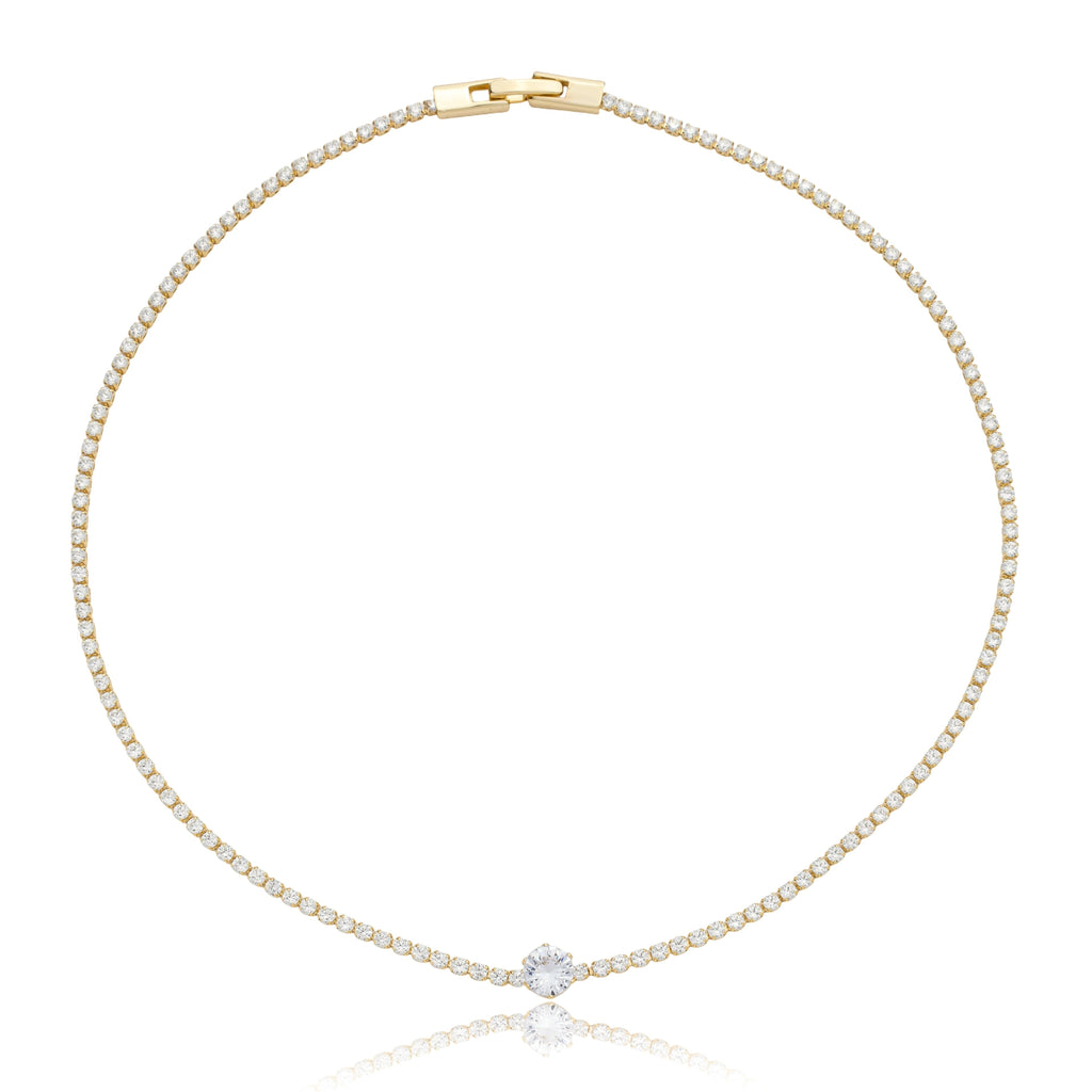Colar Riviera 2mm com Zircônia 6mm Cristal Fecho de Joia Banhado a Ouro 18k