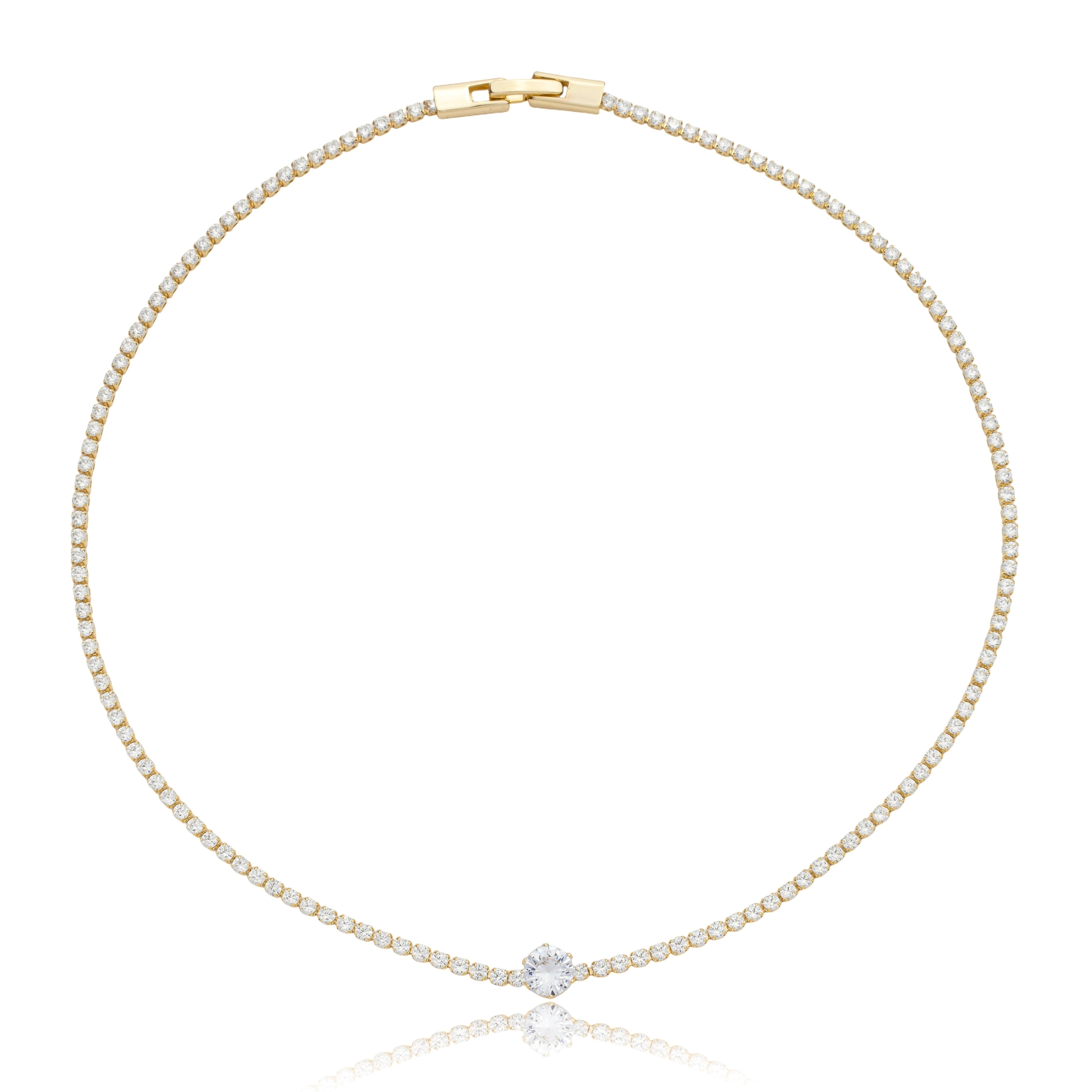 Colar Riviera 2mm com Zircônia 6mm Cristal Fecho de Joia Banhado a Ouro 18k