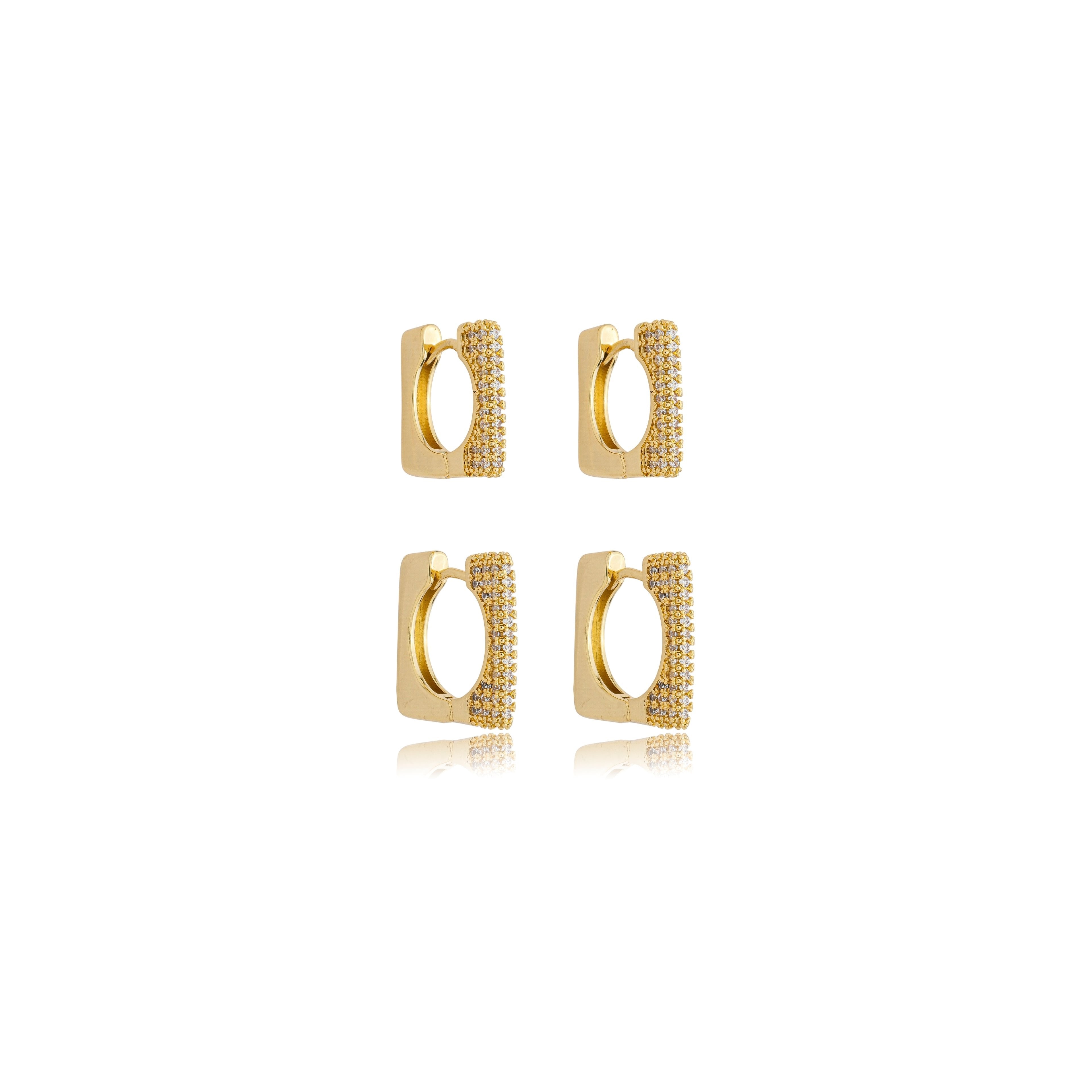 Brinco Dupla Argolas Quadrada de Click Cravejadas Banhado a Ouro 18k