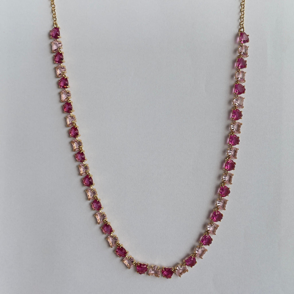 Conjunto Riviera de Corações Rosa Claro e Escuro Banhado a Ouro 18k