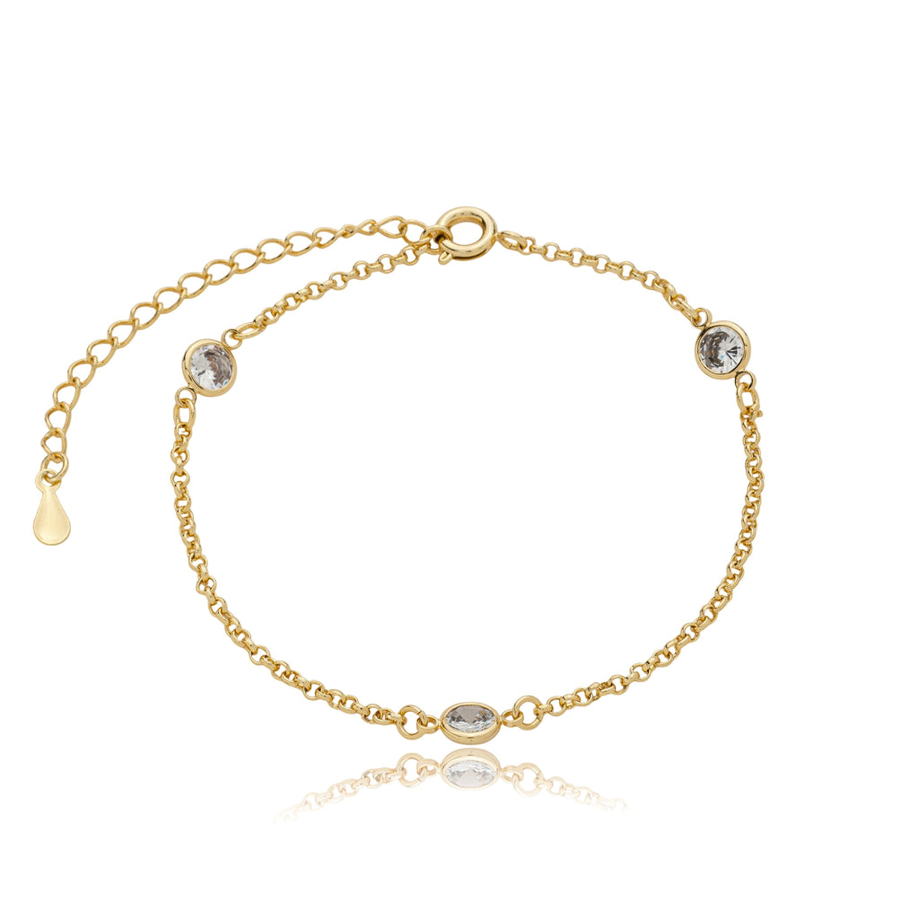 Pulseira 3 zircônias em elo português banhada a ouro 18k