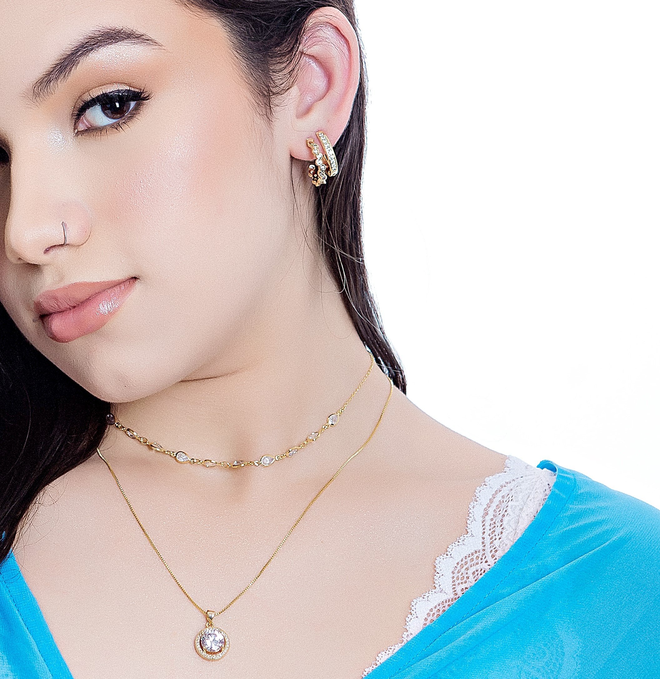 Colar choker gotas cristal banhado a ouro 18k