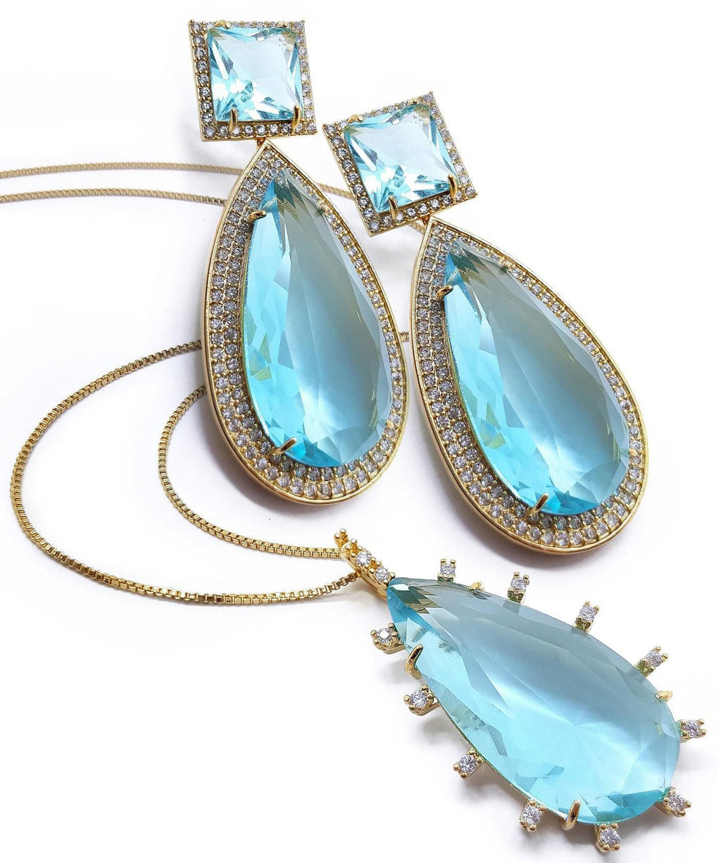 Conjunto quadrado e gota cristal azul com microzircônias banhado a ouro 18k