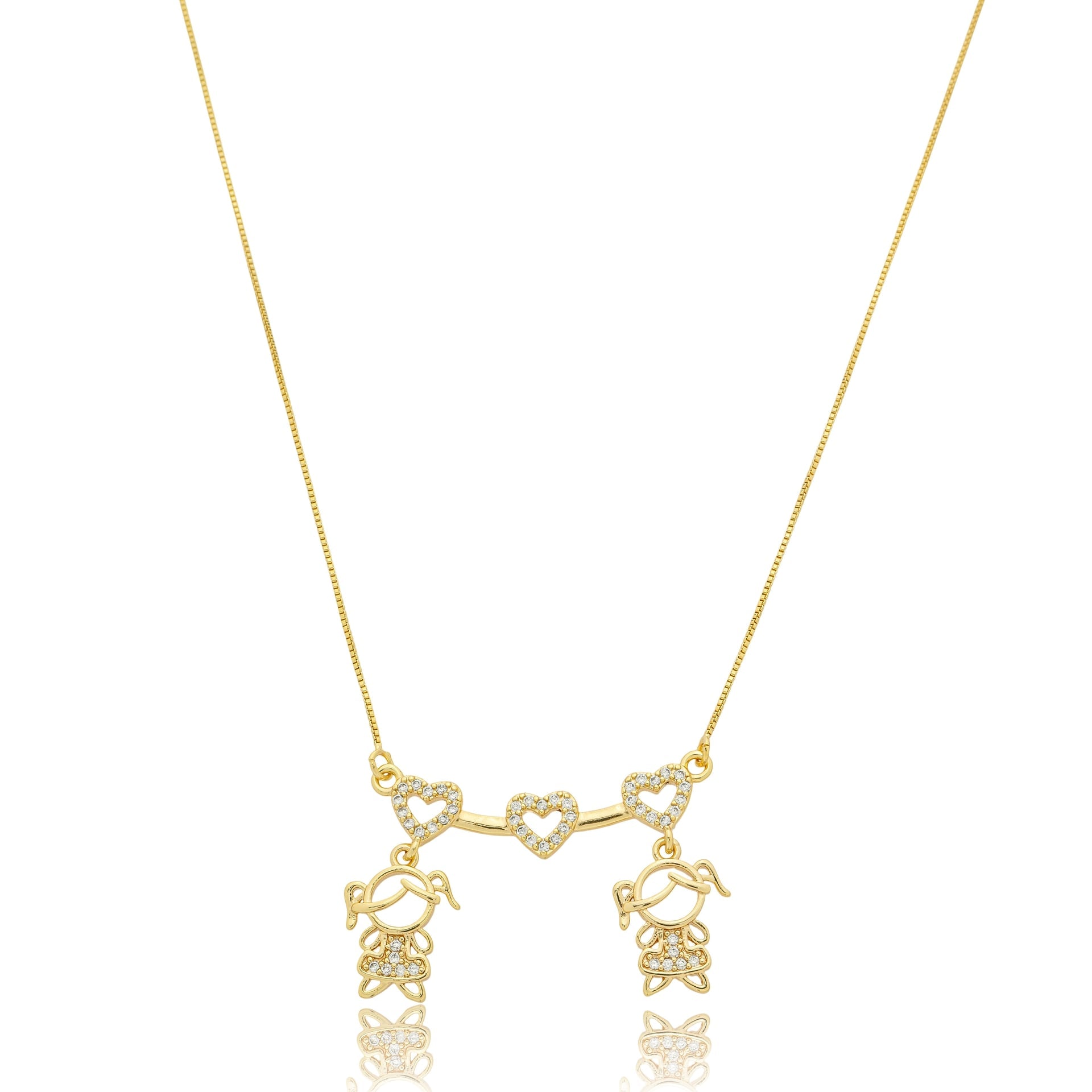Colar 2 meninas na canga de corações cravejados banhado a ouro 18k