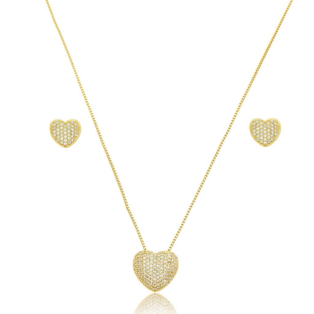 Conjunto coração cravejado cristal banhado a ouro 18k