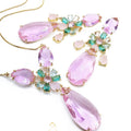 Conjunto flor gota cristal com pedras banhado a ouro 18k