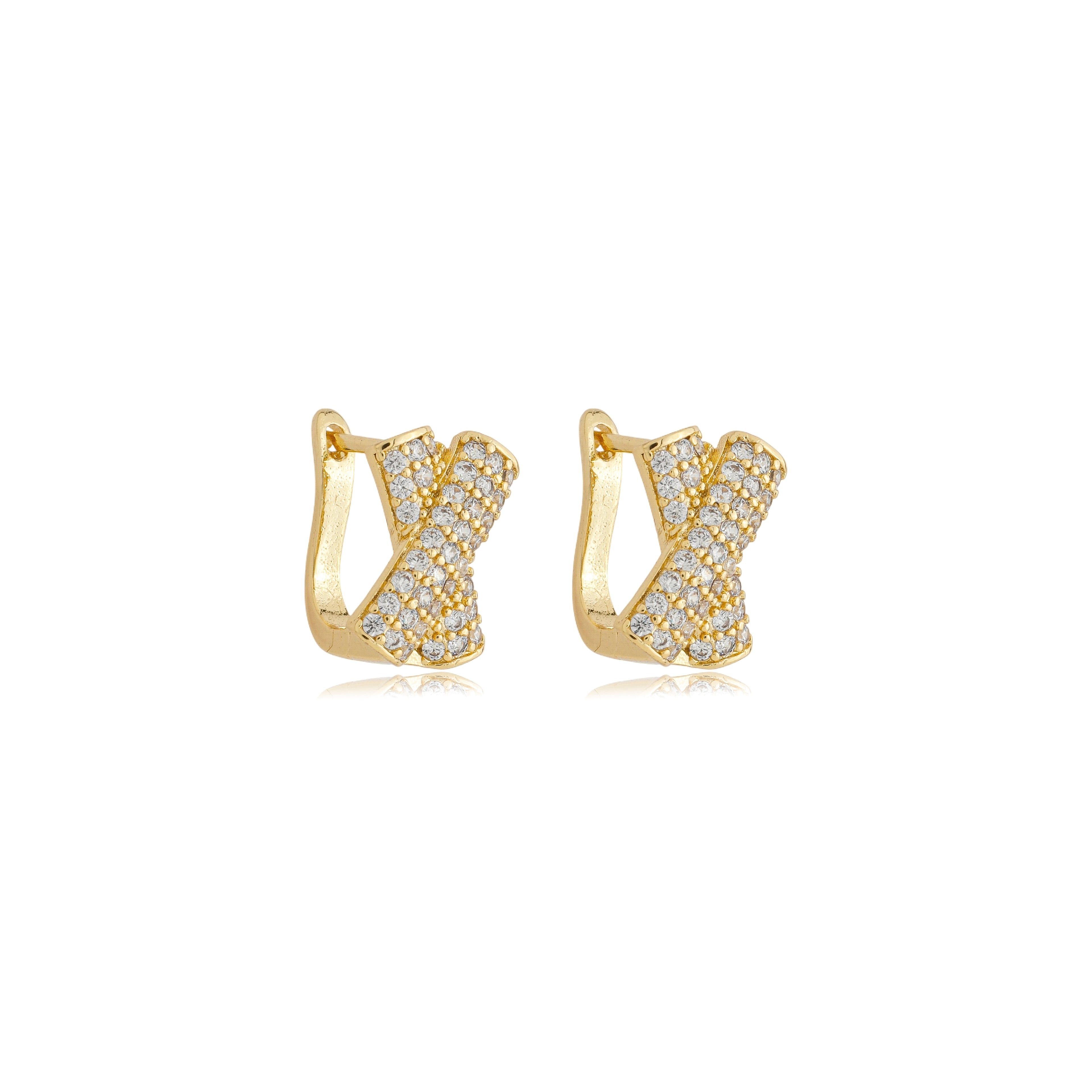Brinco articulado X cravejado banhado a ouro 18k