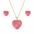 Conjunto Coração Pedra Fusion Rosa e Zircônias Banhado a Ouro 18k