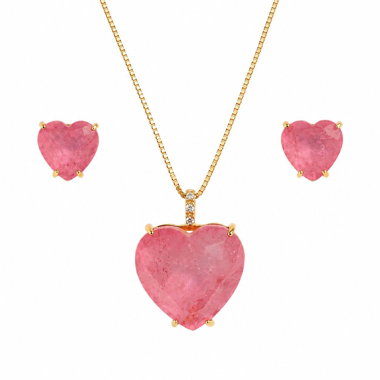 Conjunto Coração Pedra Fusion Rosa e Zircônias Banhado a Ouro 18k