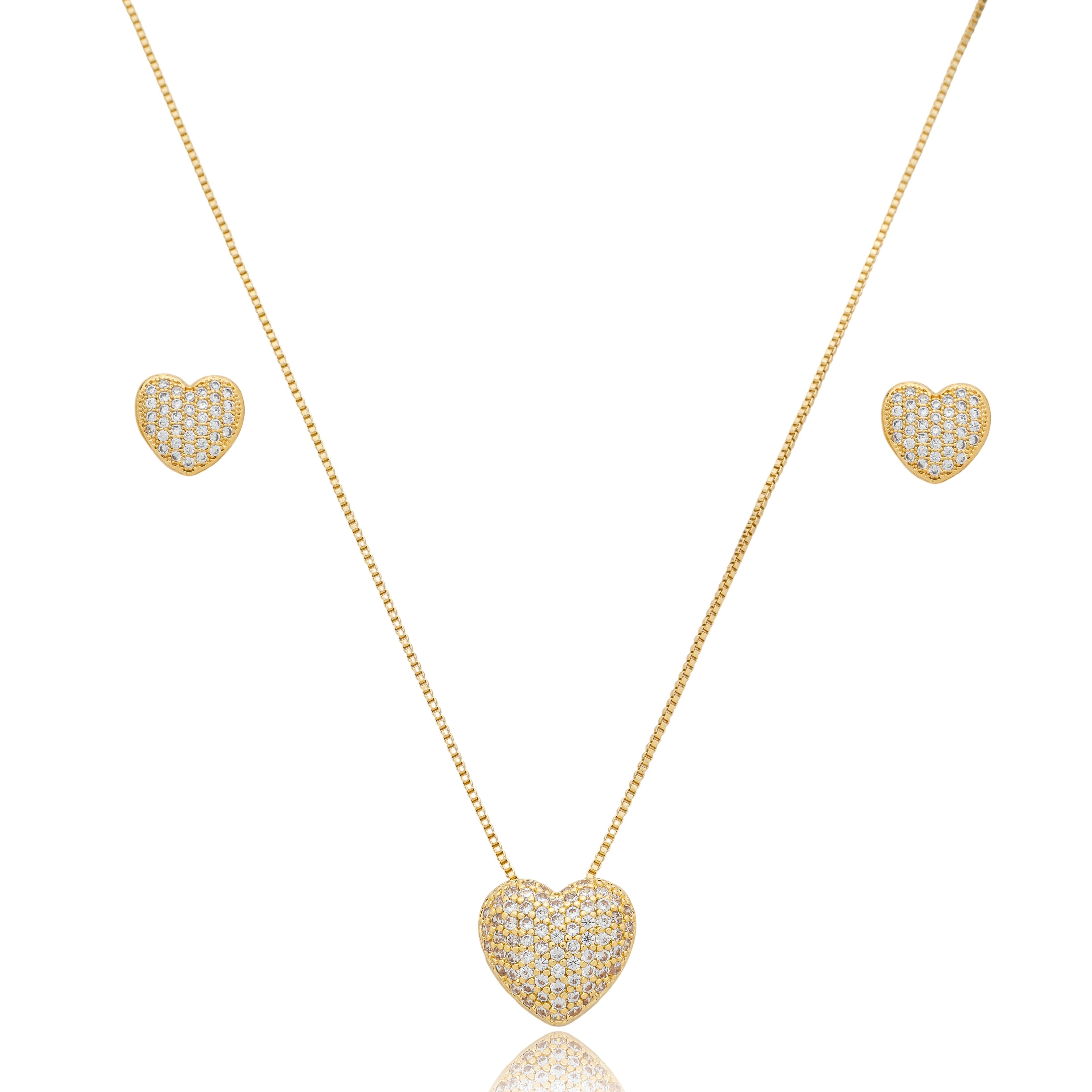 Colar com pingente coração cravejado com zircônias abaulado banhado a ouro 18k