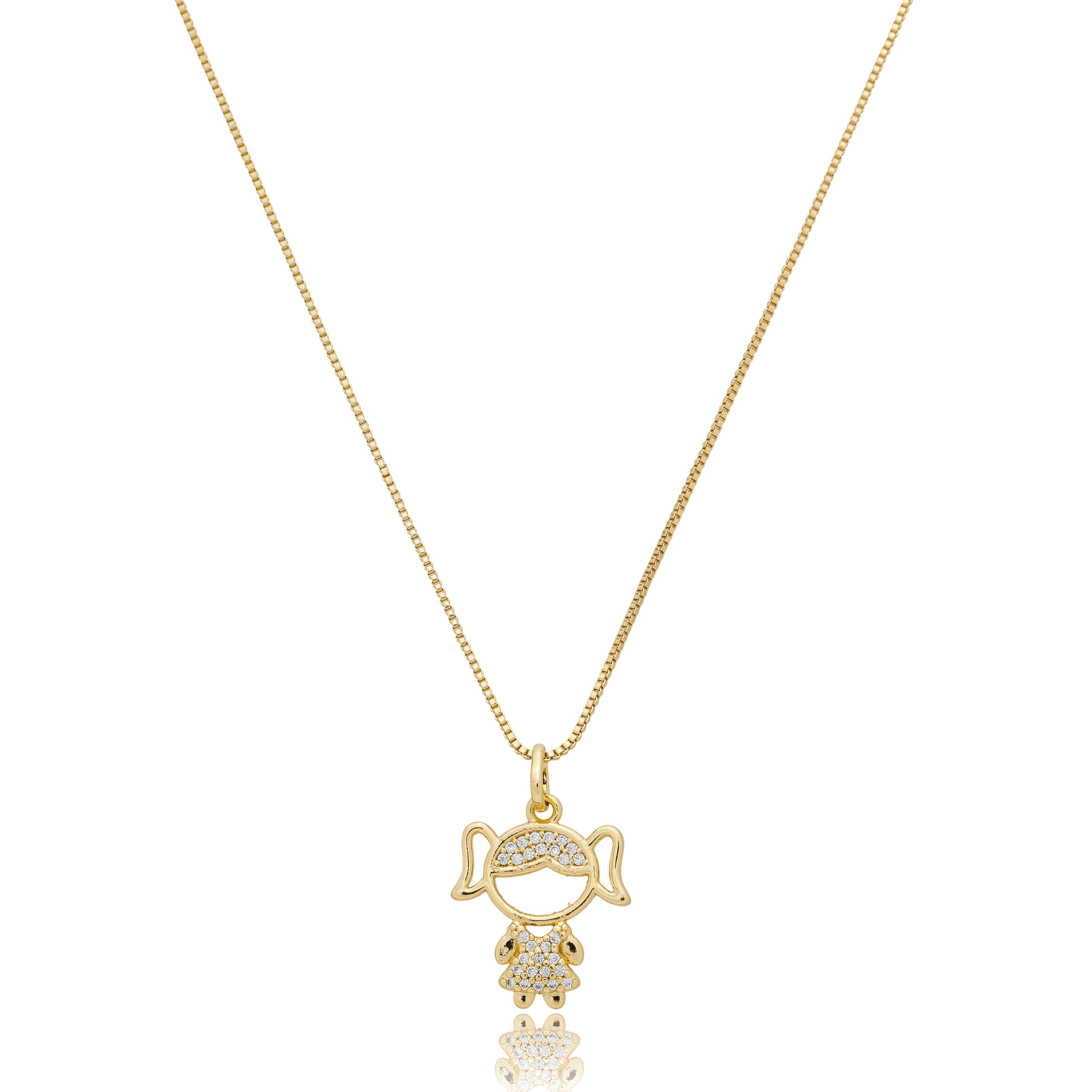 Colar com pingente menina cravejado com zircônias e detalhes vazados banhado a ouro 18k