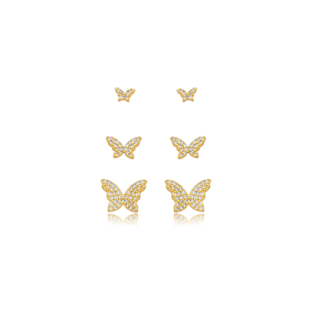 Brinco borboleta cravejada 6mm P banhado a ouro 18k