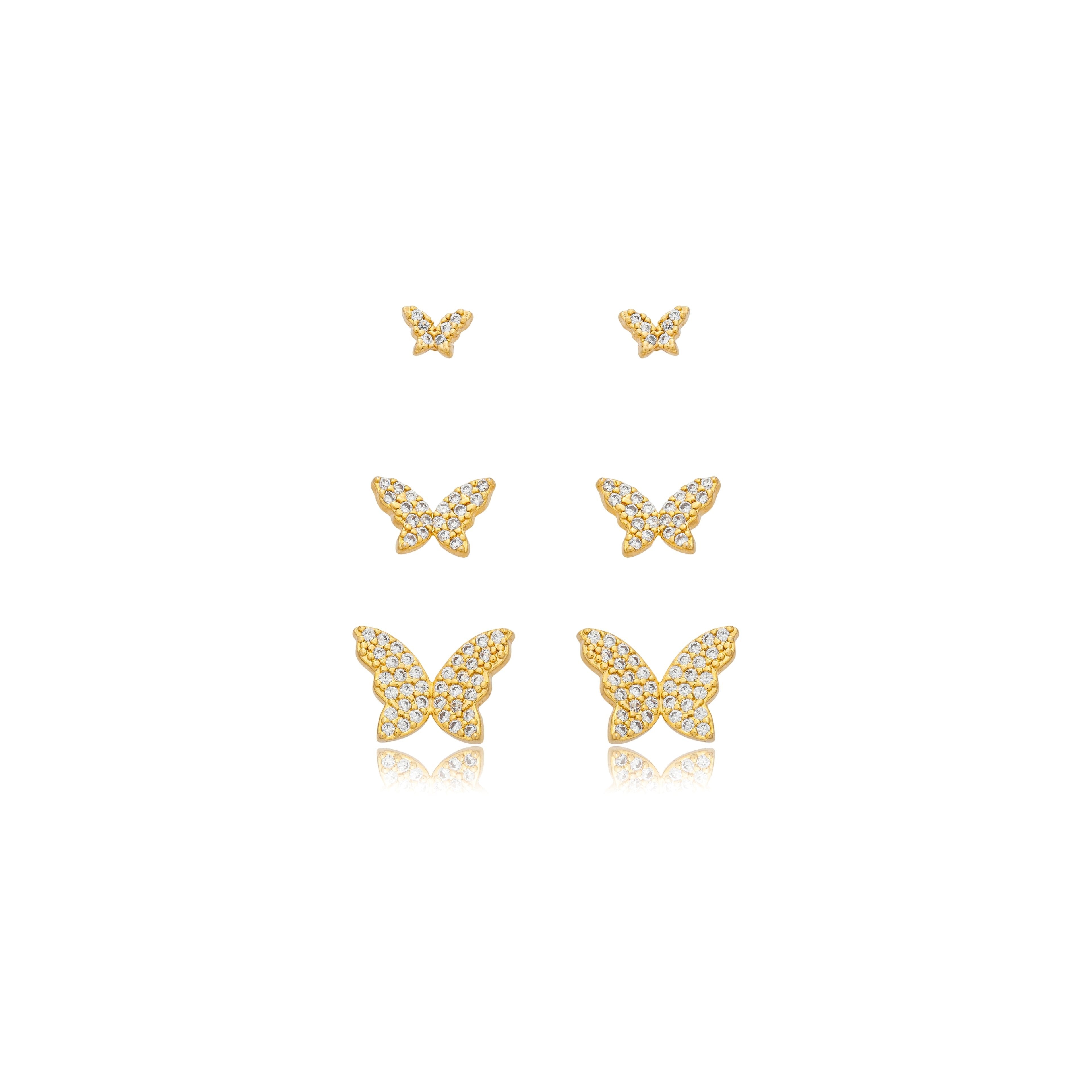 Brinco borboleta cravejada 6mm P banhado a ouro 18k