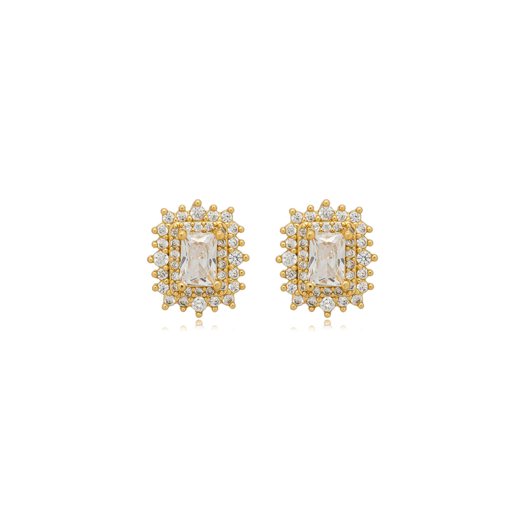 Brinco pedra retangular com 4 fileiras de zircônias 13mm banhado a ouro 18k
