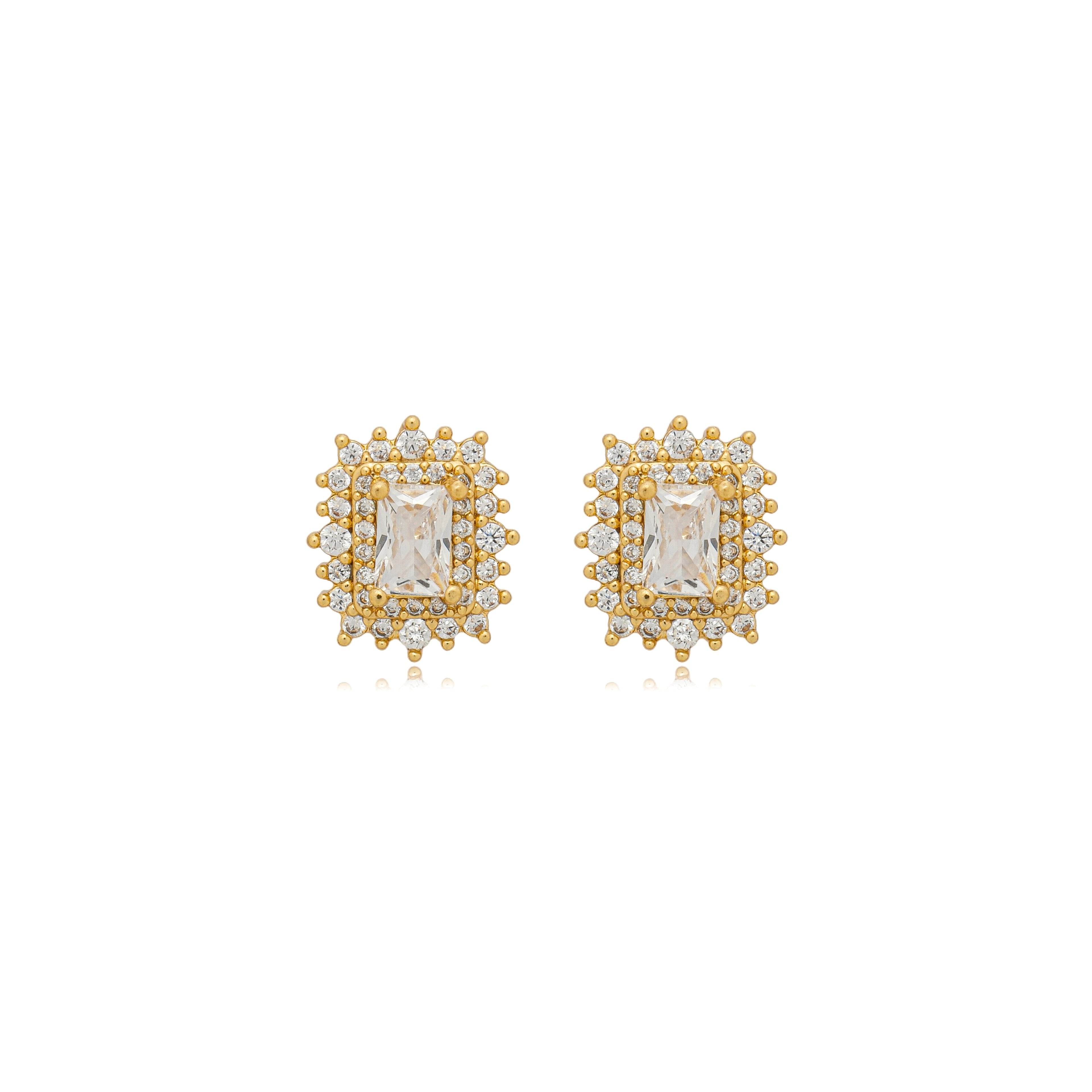 Brinco pedra retangular com 4 fileiras de zircônias 13mm banhado a ouro 18k
