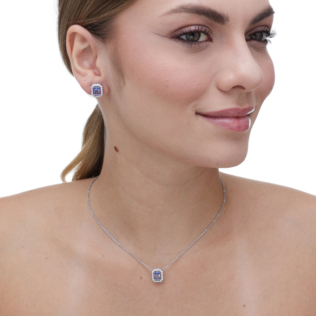 Conjunto luxo ametista e microzircônias cravejadas em volta banhado a ródio branco