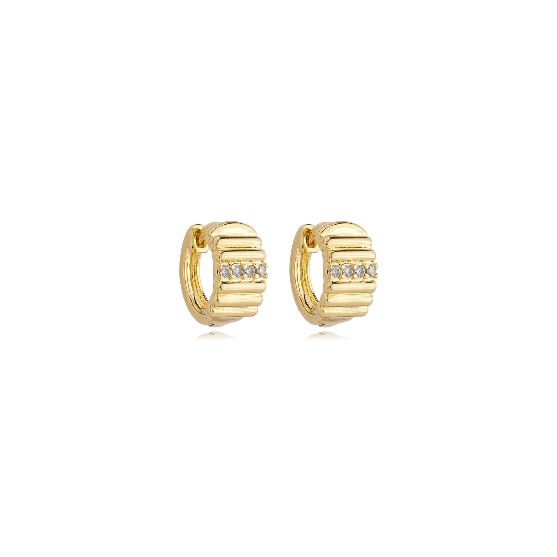 Brinco argola de click 6 listras lisas e zircônias no meio banhado a ouro 18k