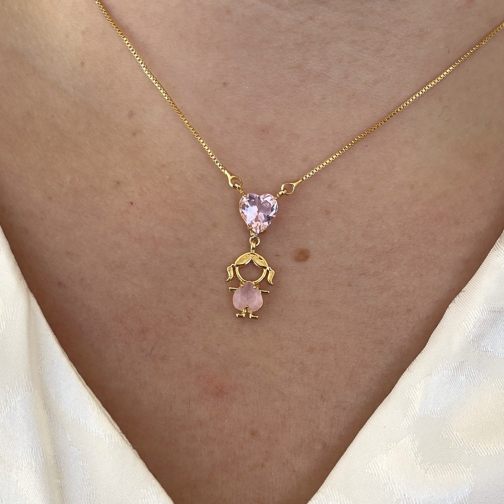Colar 1 menino(a) coração fosco e cristal banhado a ouro 18k