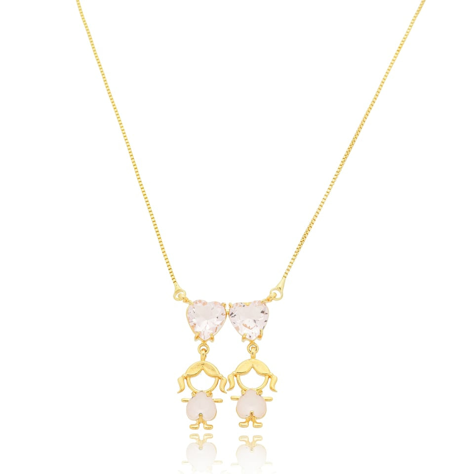 Colar 2 Meninos(as) com Corações Cristal Banhado a Ouro 18k