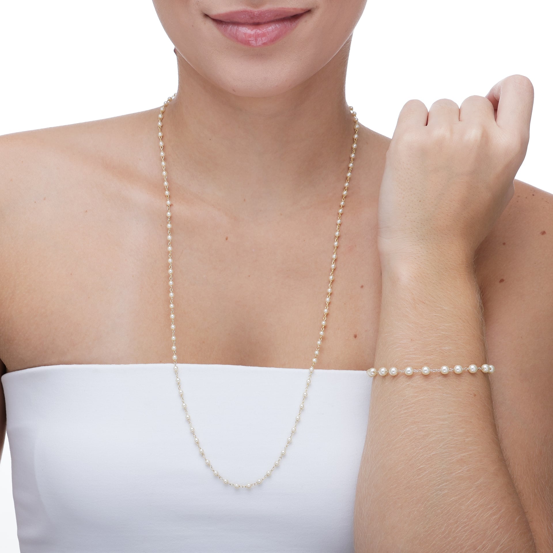 Colar longo com pérolas 3mm banhado a ouro 18k