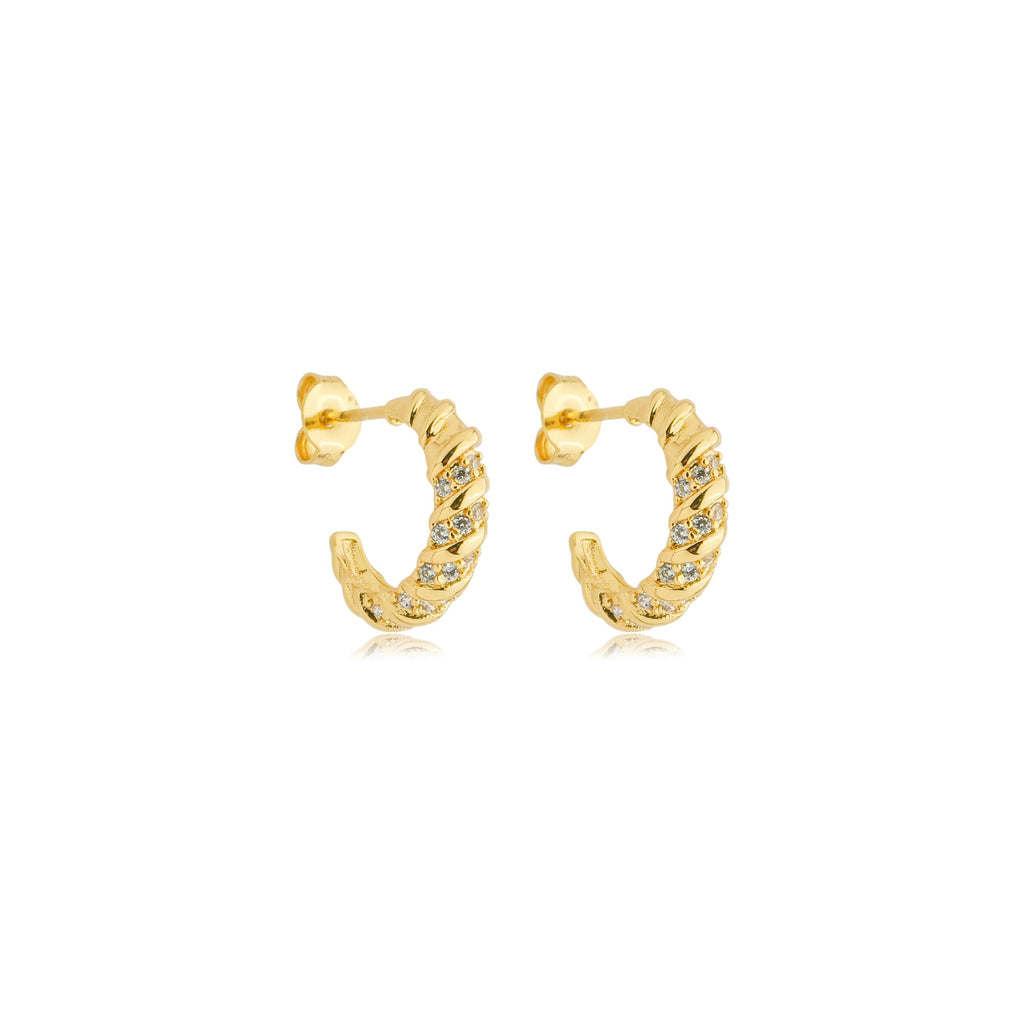 Brinco argola croissant cravejada p banhado a ouro 18k