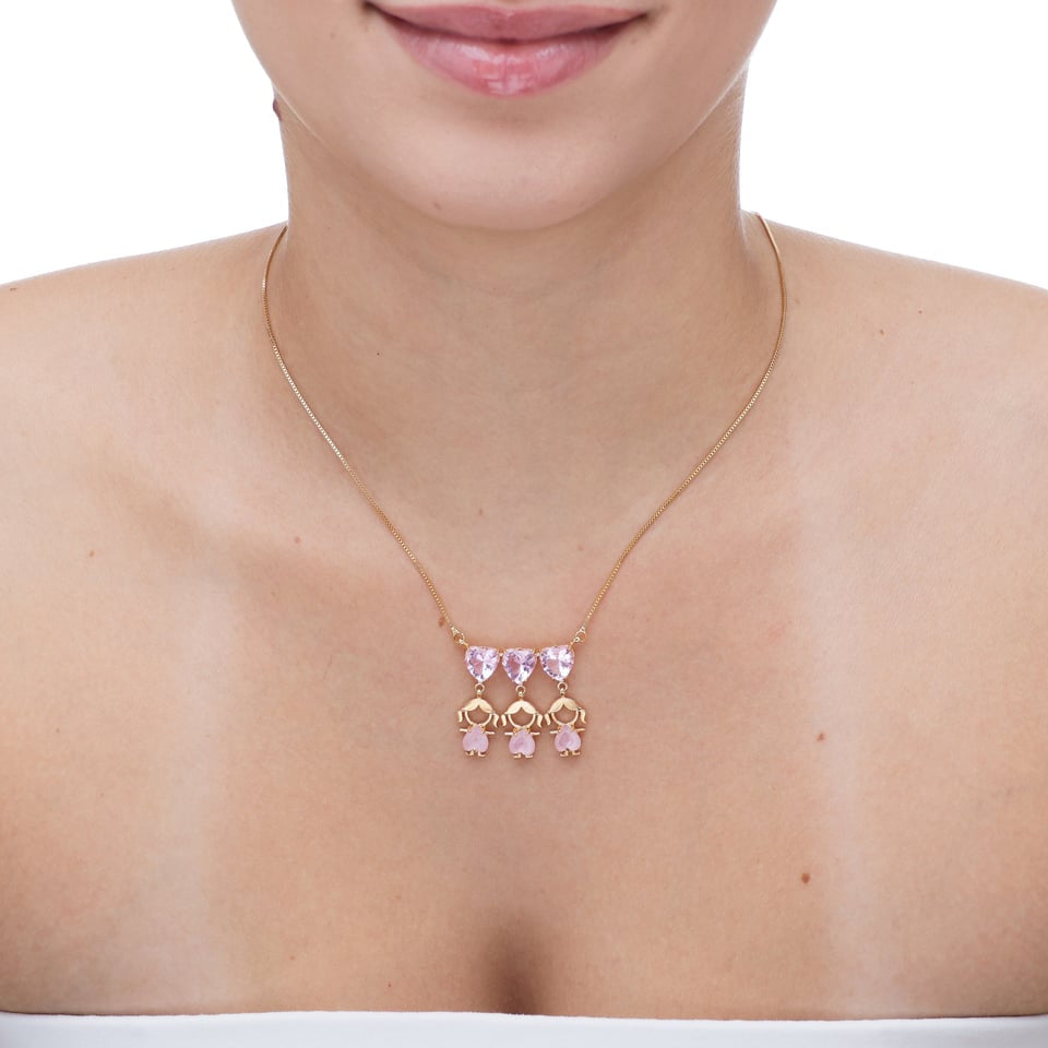 Colar 3 meninos(as) coração fosco e cristal banhado a ouro 18k