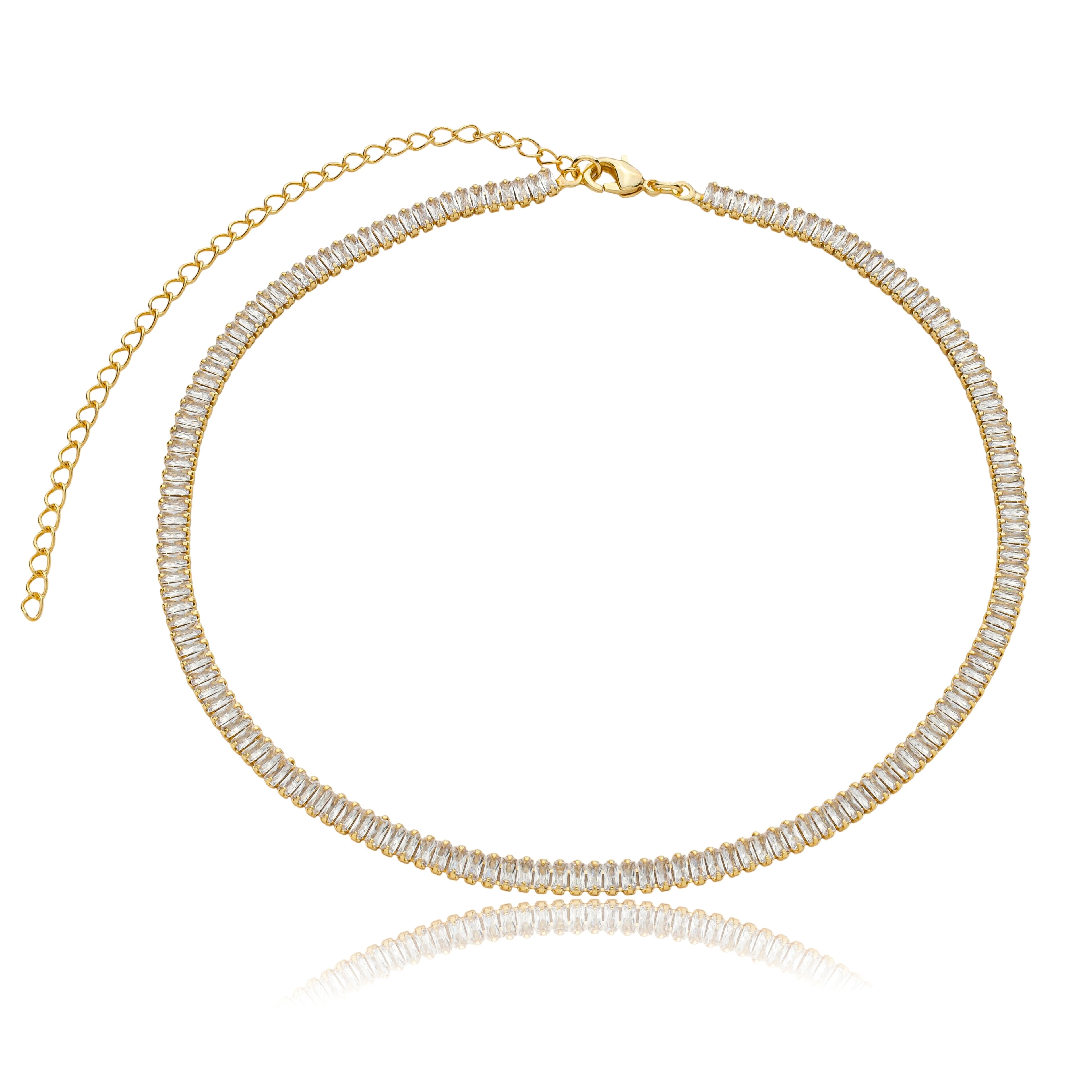 Colar choker riviera baguete com zircônias cristal 3,5mm banhado a ouro 18k