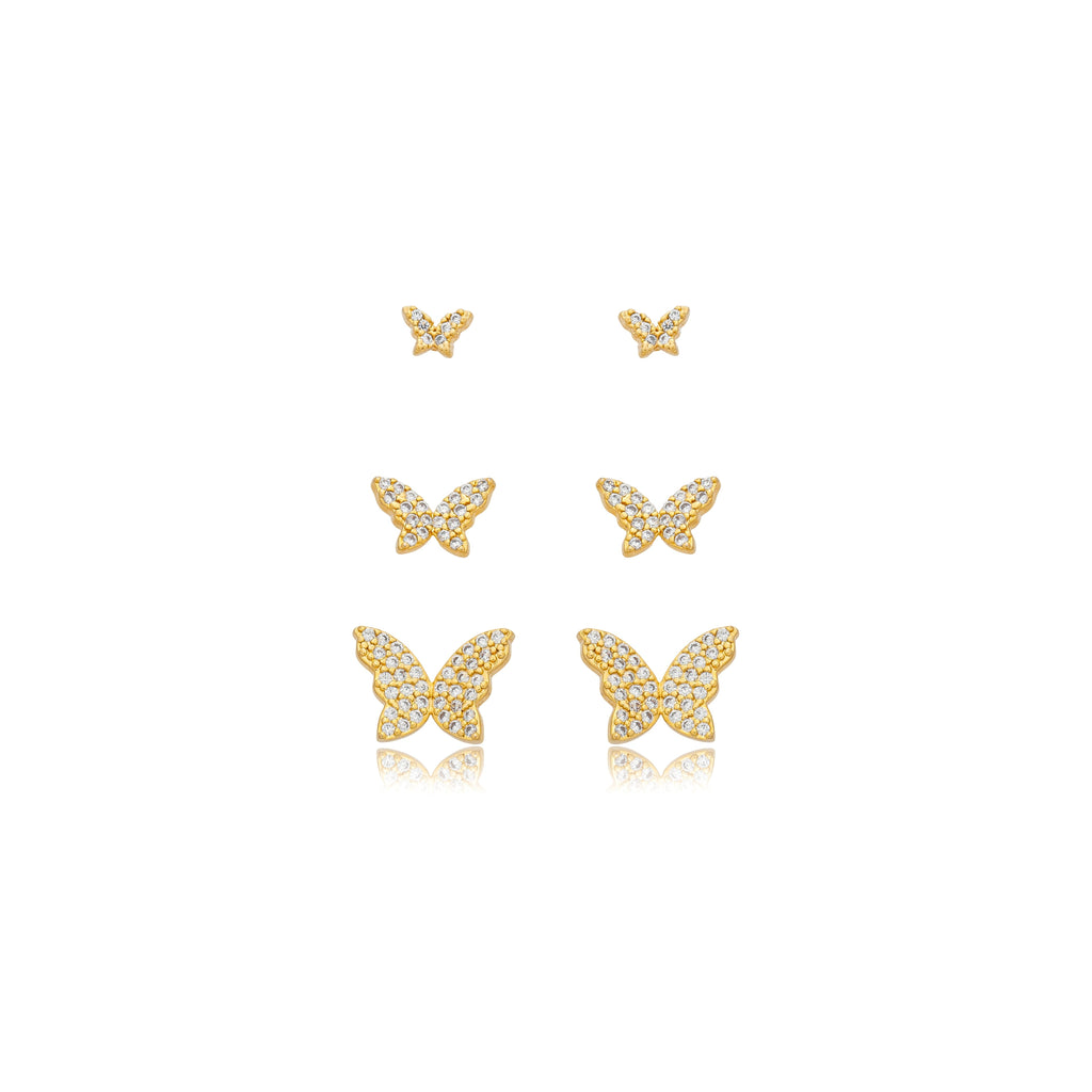 Brinco Trio de Borboletas Cravejada Banhado a Ouro 18k