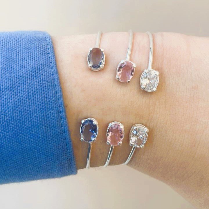 Bracelete Liso com 2 Cristais Ovais em Prata 925