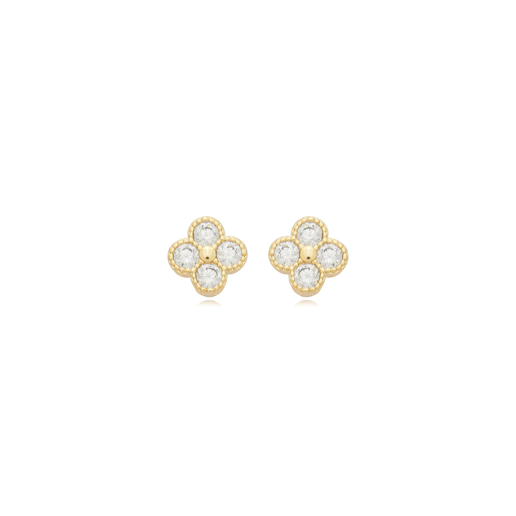 Brinco trevo pequeno cravejado com 4 zircônias banhado a ouro 18k