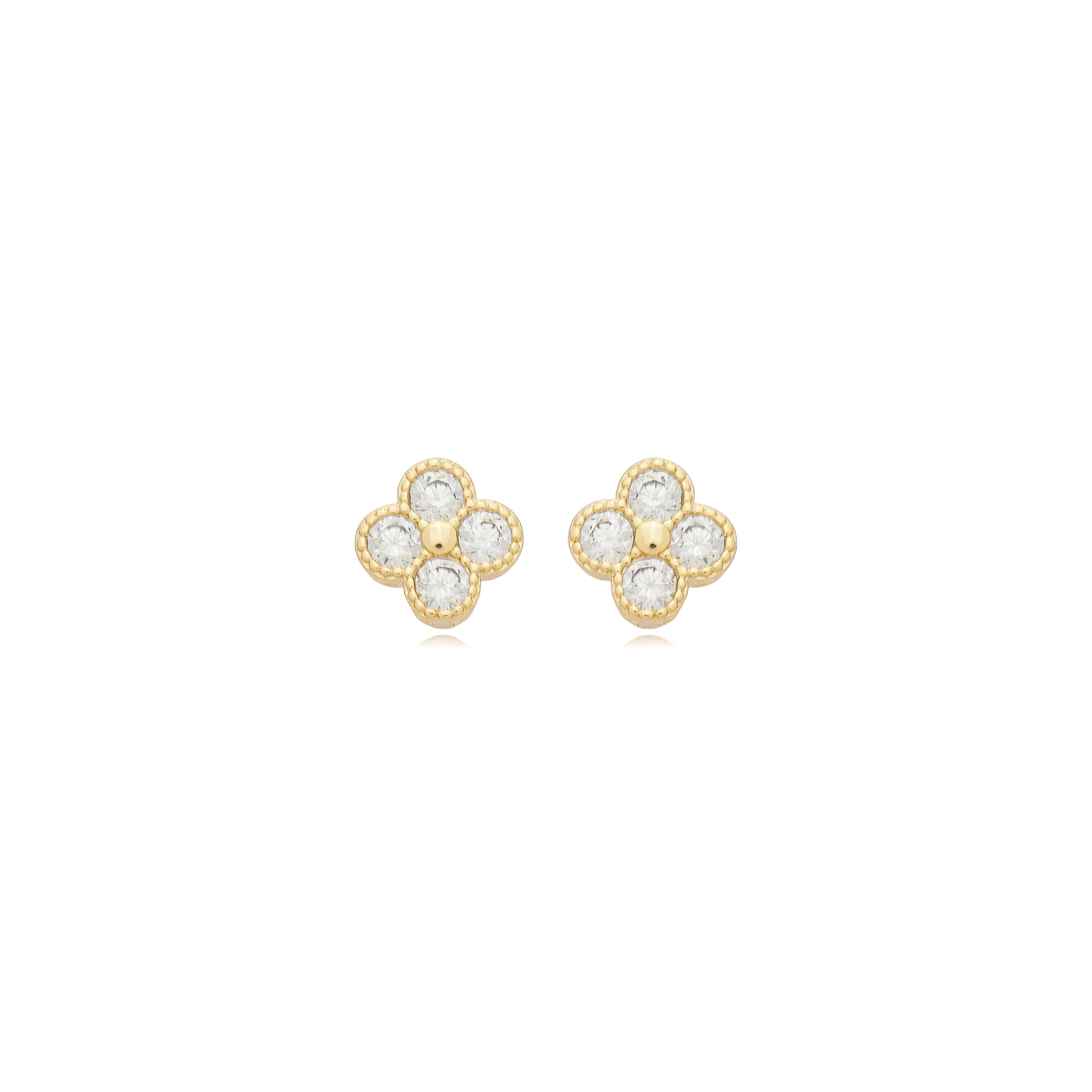 Brinco trevo pequeno cravejado com 4 zircônias banhado a ouro 18k